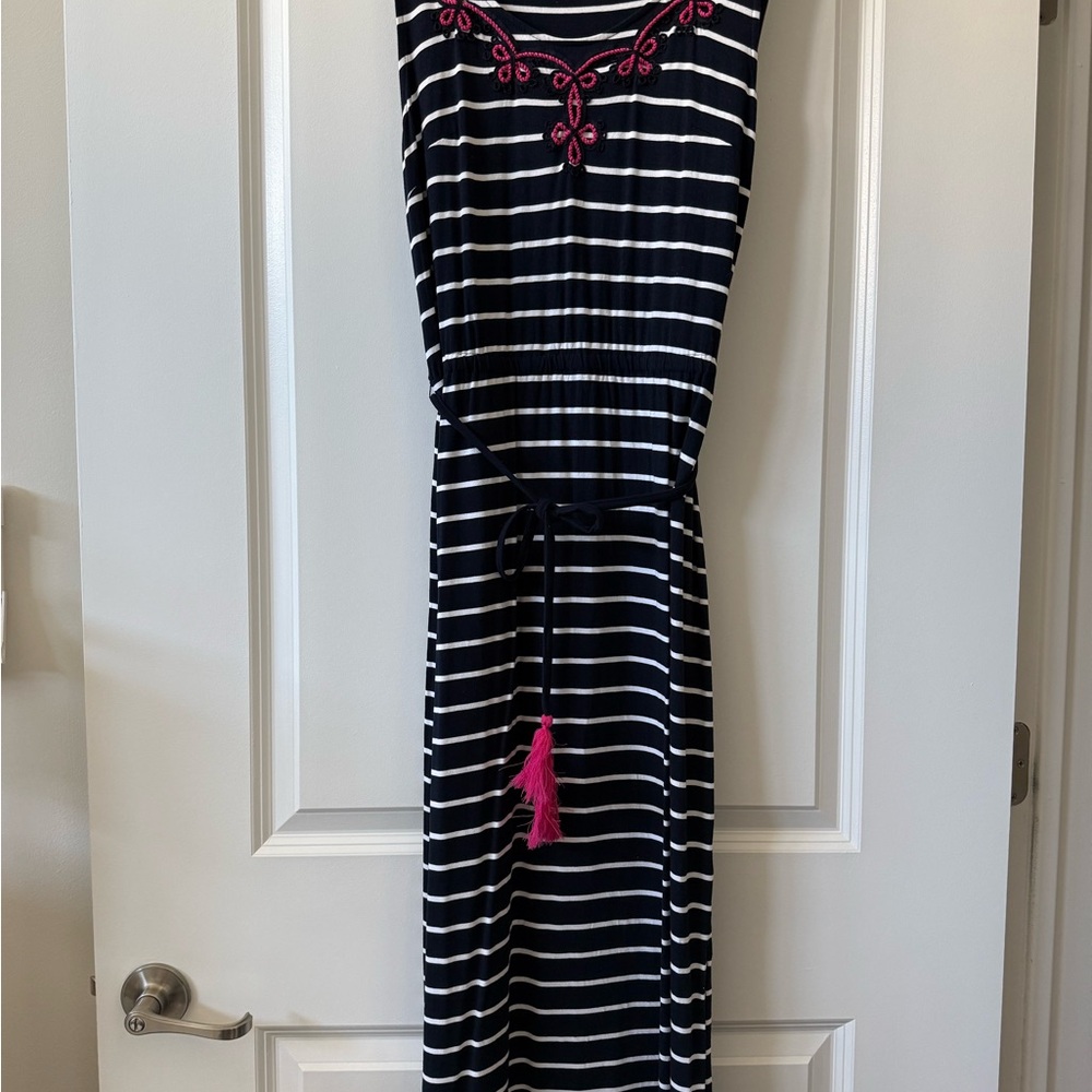 Talbots Black and White Striped Maxi Dress with Pink Accents
